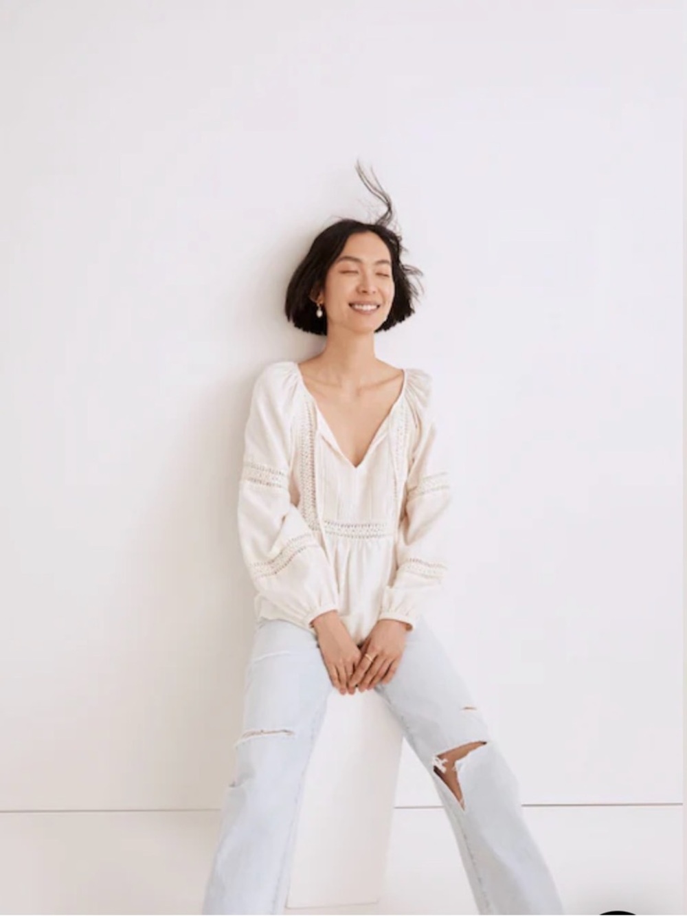 Madewell Cream V-Neck Lace-Trim Peasant Tunic